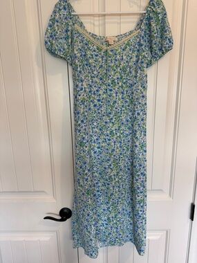 Monteau Blue and Green Floral Smocked Neck Dress